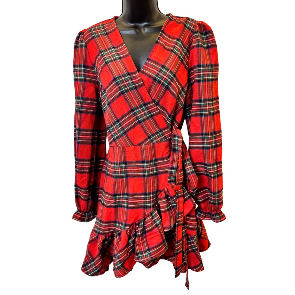 NWT Cupshe red plaid wrap mini dress with ruffle details - size L